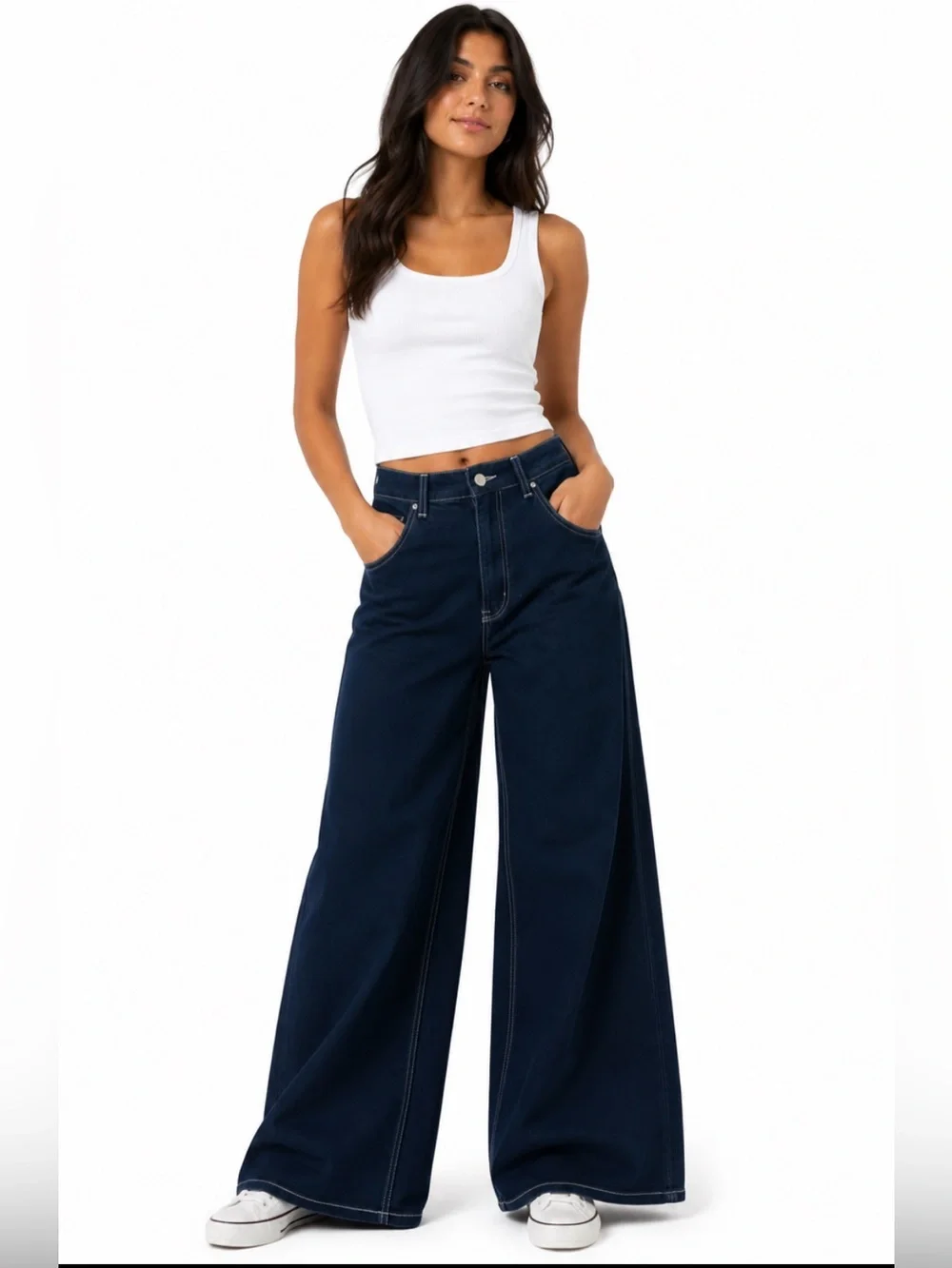 H&M Divided Navy Wide Leg Navy Denim Size 2 Baggy Skater Cotton Blend Minimalist - Picture 1 of 10